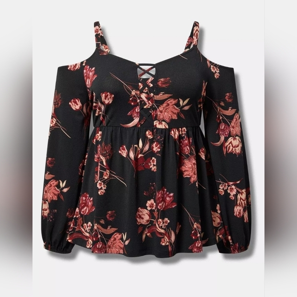 Torrid Studio Crepe Lace Up Off Shoulder Peplum Top 1X - Picture 2 of 4